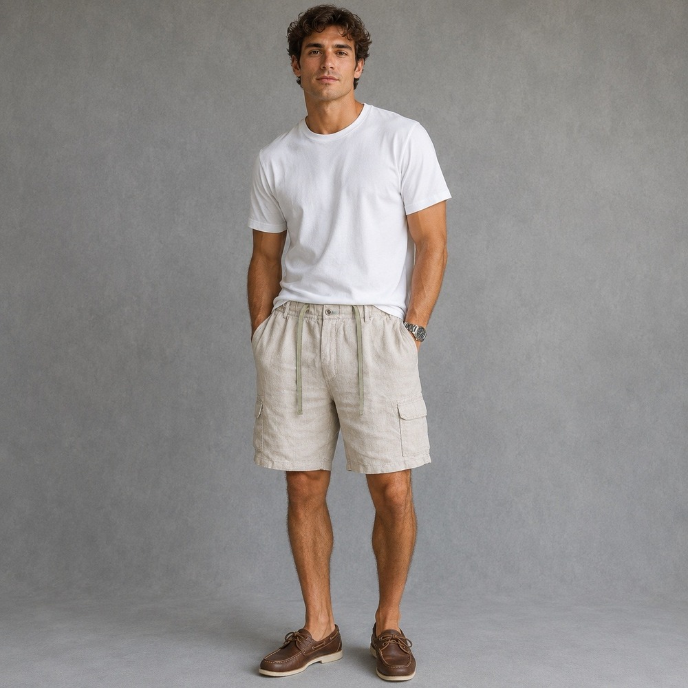 Caribbean Mens 100%‎ Linen Cargo Shorts Oatmeal Beige Size 42 Drawstring Relaxed